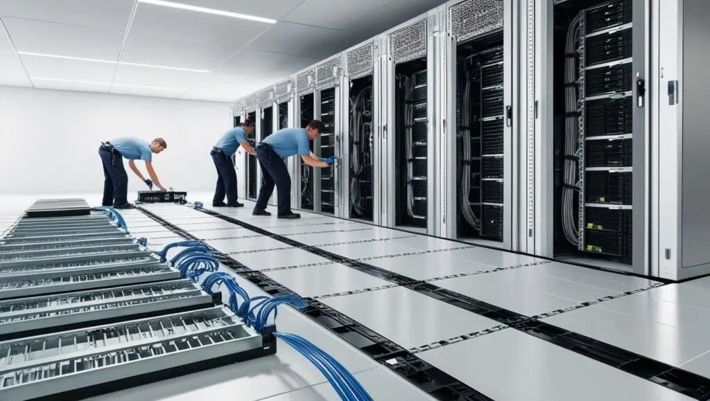 infraestructura de Data Centers, racks, piso falso, pasillos calientes y frios, canaletas, rejillas