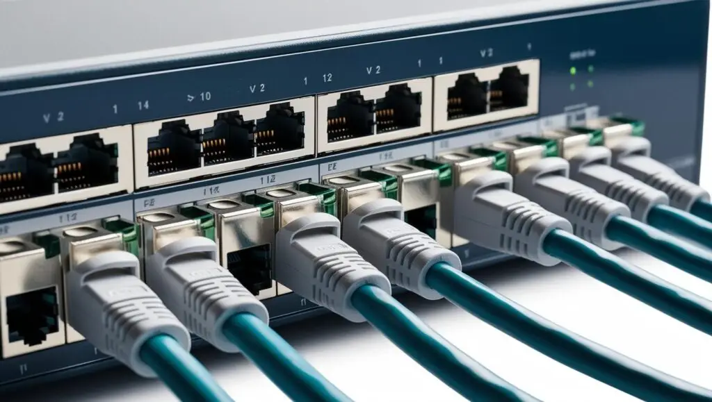 switches, enrutadores, firewalls, access points, UTP, FO, cables, nodos