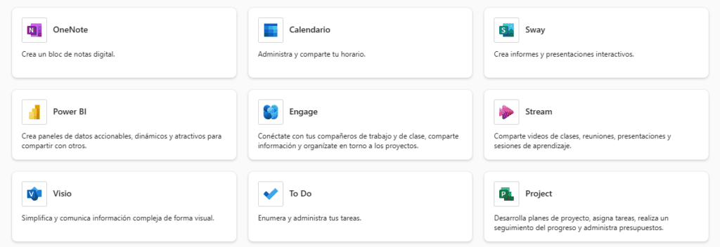 aplicaciones microsoft word, microsoft excel, microsoft powerpoint, sway, engage